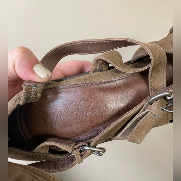 All Saints Strappy Suede Block Heel Open Toed Platform Pumps - Picture 7 of 8